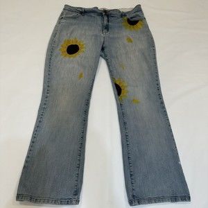 Hand Painted Sunflower Lands End Jeans Women’s Boot Leg Size 16 High Waisted